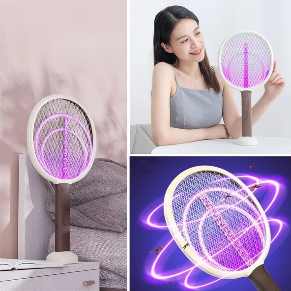 Derin Stok® Şarjlı Sinek Öldürücü Masaüstü Standlı,Mor Işık 43cm Sinek Kovucu Raket