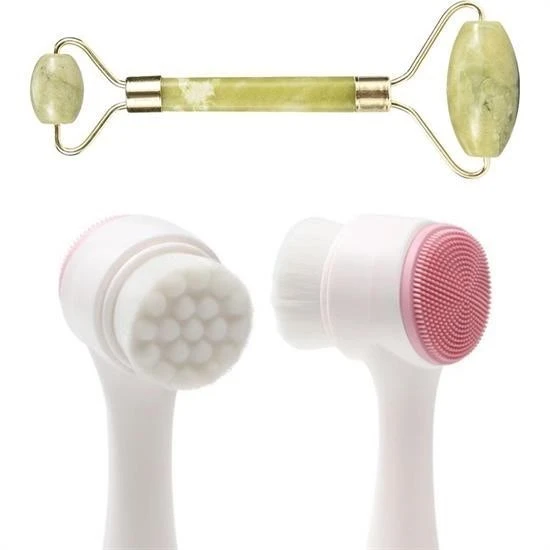 Derin Stok® 2li Set Çift Taraflı Cilt Temizleme Fırçası ve Yeşim Taşı Çift Taraflı Cilt Masaj Aleti - 2