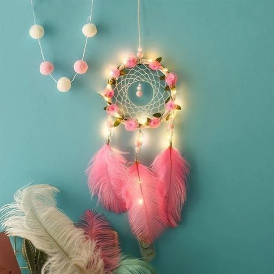Derin Stok® El Yapımı Kuş Tüyü ve Led Işıklı Dekoratif Asma Düş Rüya Kapanı - 2