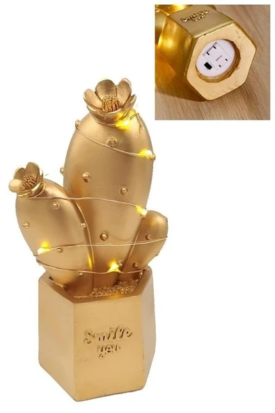 Derin Stok® Led Işıklı Sevimli Kaktüs Dekoratif Masa Lambası Mini Biblo Gece Lambası Gold - 7