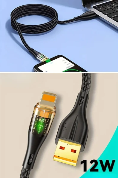 Derin Stok® Led Işık Uçlu Sağlam İp Kablolu USB to Lightning Hızlı Şarj Kablosu - 6