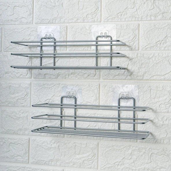 Derin Stok® Kendiliğinden Yapışkanlı Krom Paslanmaz Metal Şampuanlık Banyo Düzenleyici Raf - 2