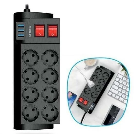 Derin Stok® Isıya Dayanıklı Termal Akım Korumalı 2 Metre 16A 4000W 8li Priz ve 3 Usb Li Uzatma Kablosu