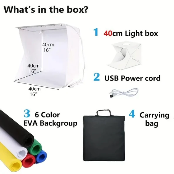 Derin Stok® Katlanır Işıklı Fotoğraf Stüdyosu 40x40 cm 6 Renk Fonlu Ürün Çekimi İçin Uygun Fotoğraf Çekim Kutusu - 3