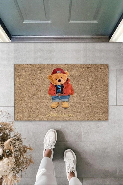Kahverengi Kapı Önü Paspası Hello Winter Ayıcık Desen  K-3245