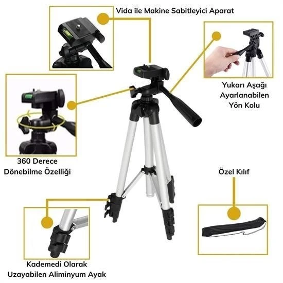 Derin Stok® Taşıma Çantalı 130 cm Profesyonel Alüminyum Kamera Tripodu - 10