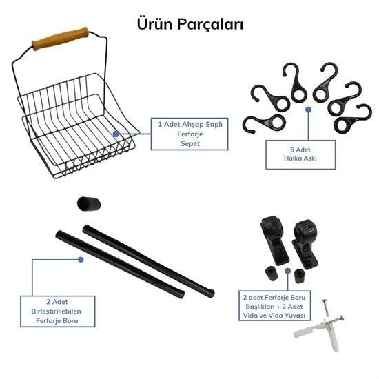 Derin Stok® Retro Ferforje Askılı Siyah  Ahşap Kulplu Düzenleyici Mutfak Sepeti - 7
