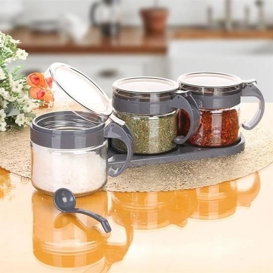 Derin Stok® Gri  3lü Standlı Kapaklı Kaşıklı Cam Hava Sızdırmaz Baharatlık Takımı KC-386