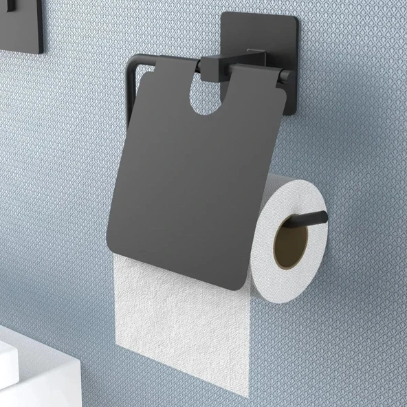 Derin Stok® Kendiliğinden Yapışkanlı Siyah Paslanmaz Metal Kapaklı Tuvalet Kağıtlığı Aparatı