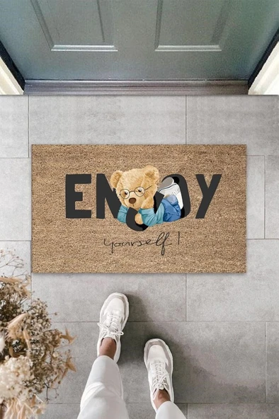 Bej Kapı Önü Paspası Enjoy Yourself Ayıcık Desen  K-3337