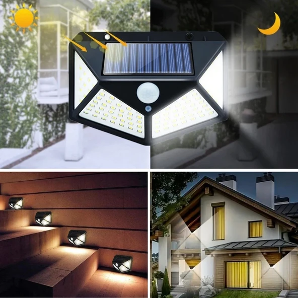 Derin Stok® 100 Ledli 3 Farklı Aydınlatma Ayarlı Solar Güneş Enerjili Hareket Sensörlü Bahçe Duvar Lambası