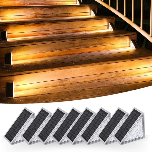 Derin Stok® 8 Adet Üçgen  Güneş Enerjisi ile Şarj Olan Dış Mekan Solar Basamak Köşe Lambası