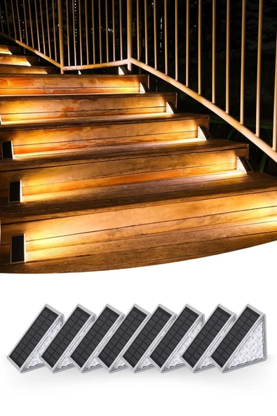 Derin Stok® 8 Adet Üçgen  Güneş Enerjisi ile Şarj Olan Dış Mekan Solar Basamak Köşe Lambası - 6