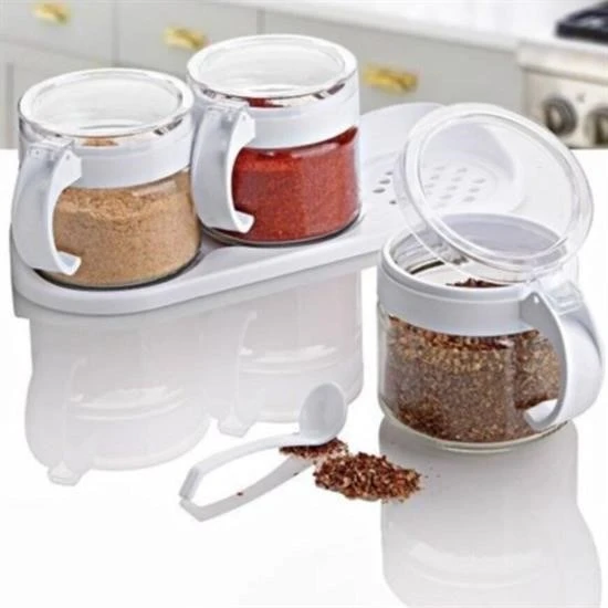 Derin Stok® Beyaz 3lü Standlı Kapaklı Kaşıklı Cam Hava Sızdırmaz Baharatlık Takımı KC-386