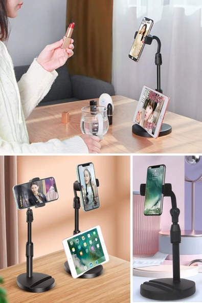 Derin Stok® Masa Üstü Tablet ve Telefon Tutucu Plastik Aparat Siyah Telefon Standı - 8