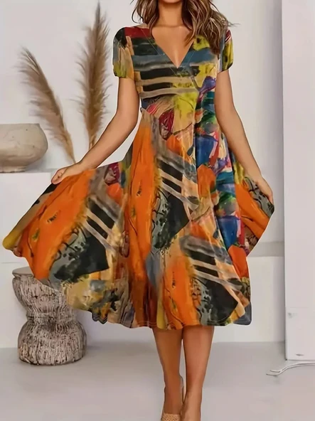 Lucky Life Kadın Kısa Kollu V Yaka Renkli Karışık Desen Kloş Süprem Midi Elbise - Resim 3