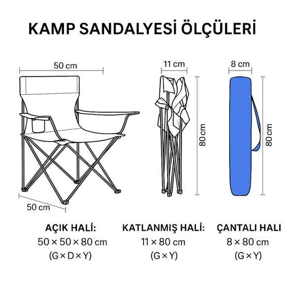 Katlanır Kamp Piknik Sandalyesi - Bardaklıklı - (DY.001) - Mavi - Taşıma Çantalı - 6