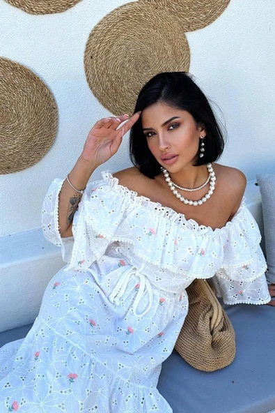 Lucky Life Kadın Pembe Omuzları Lastikli Lucky Life Kadın Brode Elbise ürün görseli 1