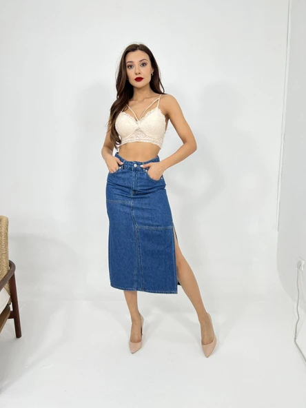 Lucky Life Kadın 00 SLIPPED MIDI SKIRT-MAVİ