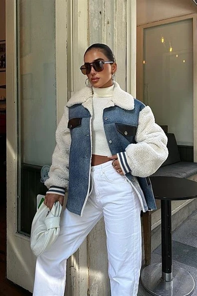 Lucky Life Kadın İçi Kürklü Deri Garnili Denim Görünümlü Ceket - 2
