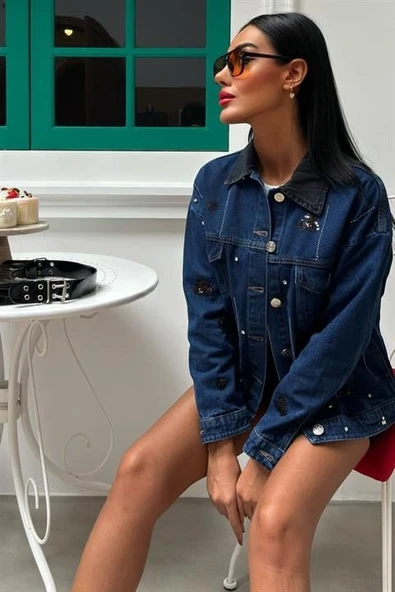 Lucky Life Kadın Yaka Siyah Garni Pul Payet Taşlı Oversize Denim Ceket