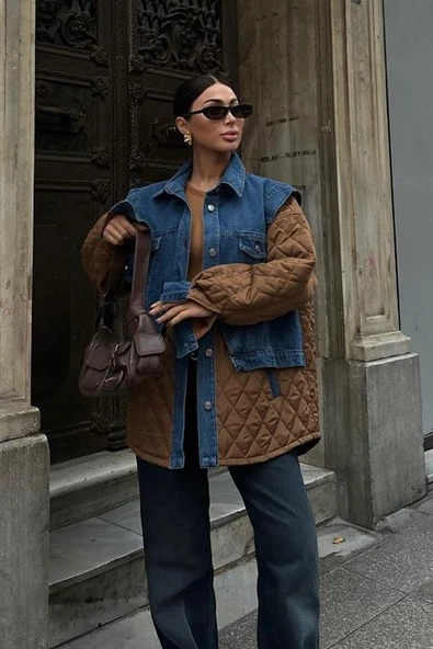 Denim Garnili Kapitone Ceket
