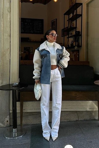Lucky Life Kadın İçi Kürklü Deri Garnili Denim Görünümlü Ceket - 7
