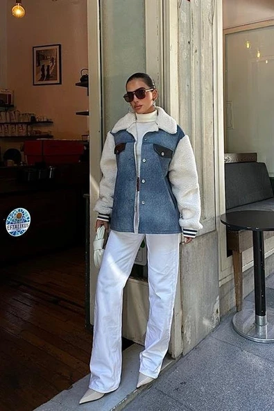 Lucky Life Kadın İçi Kürklü Deri Garnili Denim Görünümlü Ceket - 4