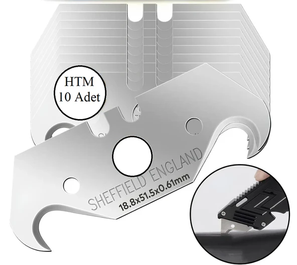 KALİTE Kancalı Rötuş Bıçak Yedeği Kesme Boynuz Bıçak Halıcı Bıçağı 10'lu Paket 18.8x51.5x0,61mm ürün görseli