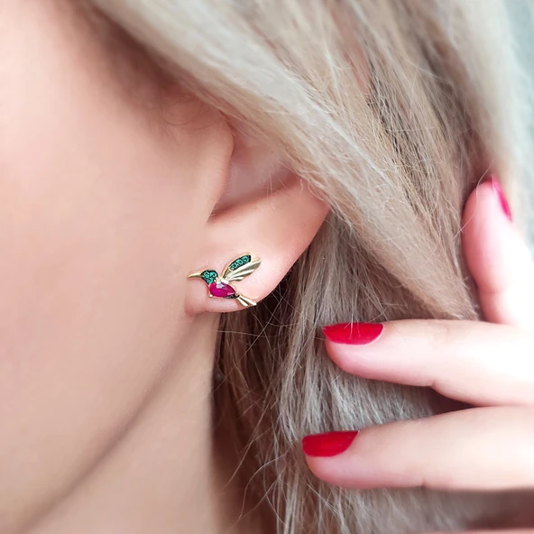 Vaoov 925 Ayar Gümüş Renkli Taşlı Arı Kuşu Küpe - Resim 2