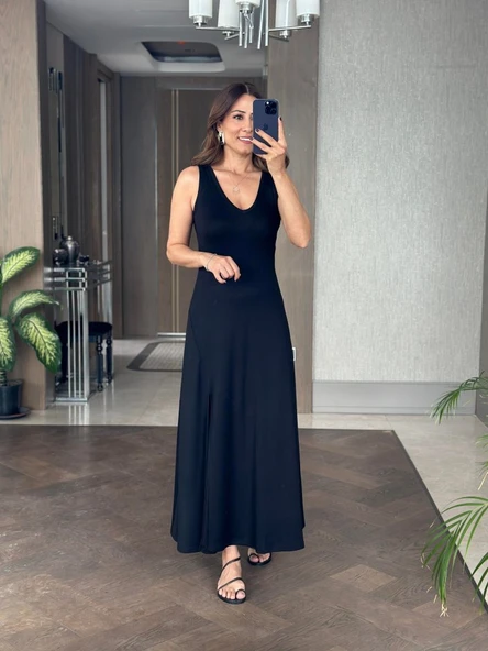 Lucky Life Kadın Askılı V Yakalı Yırtmaçlı Viskon Elbise - Resim 7