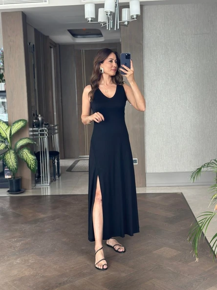 Lucky Life Kadın Askılı V Yakalı Yırtmaçlı Viskon Elbise - Resim 10