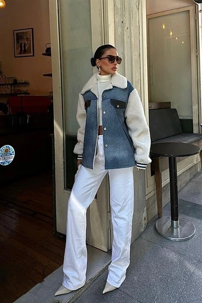 Lucky Life Kadın İçi Kürklü Deri Garnili Denim Görünümlü Ceket