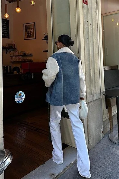 Lucky Life Kadın İçi Kürklü Deri Garnili Denim Görünümlü Ceket - 6