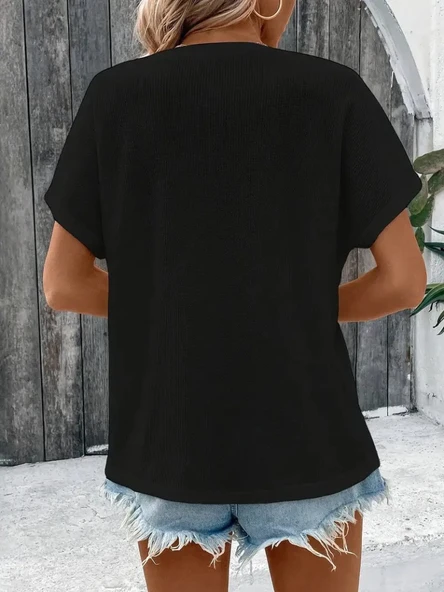 Lucky Life Kadın Kısa Kollu Yakası Açık önden Düğmeli Waffle Bluz - Resim 4