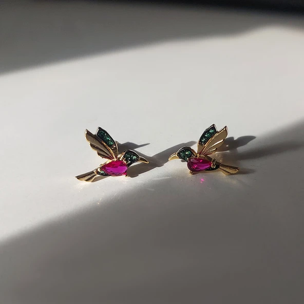 Vaoov 925 Ayar Gümüş Renkli Taşlı Arı Kuşu Küpe - Resim 3