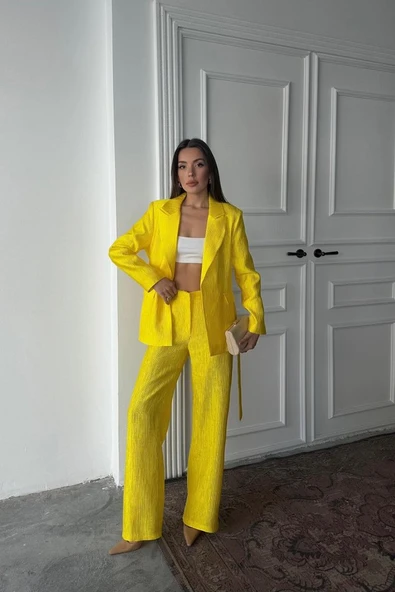 Neon Beli Kuşaklı Ceket Ve Pantolon Parlak Takım