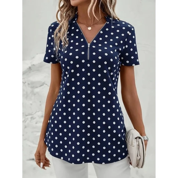 Lucky Life Kadın Kısa Kollu Yakadan Fermuarlı Puantiyeli Uzun Dokuma Viskon Bluz - 2