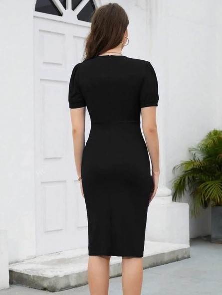 Lucky Life Kadın Kısa Kollu V Yakalı önden Fırfırlı Ithal Krep Elbise - Resim 4