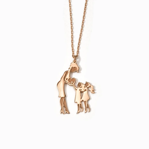 14 Ayar Altın Kaplama Anne ve İki Kız Çocuk Aile Aşk Gümüş Kolye - CN00445 - Resim 4