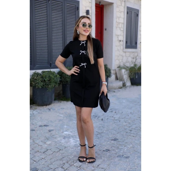 Lucky Life Kadın Kısa Kollu Bisiklet Yaka önden Fiyonk Detaylı Ithal Krep Elbise