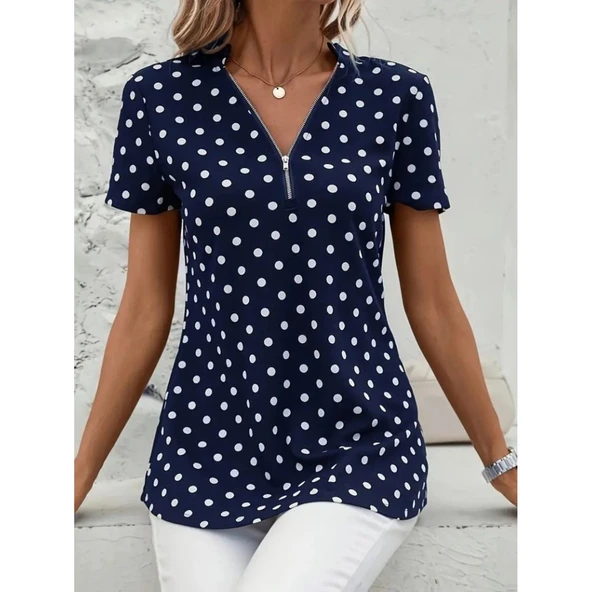 Lucky Life Kadın Kısa Kollu Yakadan Fermuarlı Puantiyeli Uzun Dokuma Viskon Bluz - 3