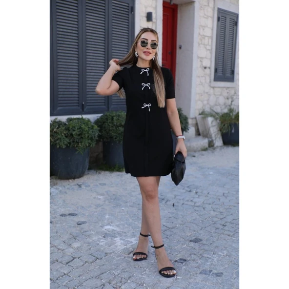 Lucky Life Kadın Kısa Kollu Bisiklet Yaka önden Fiyonk Detaylı Ithal Krep Elbise - 3