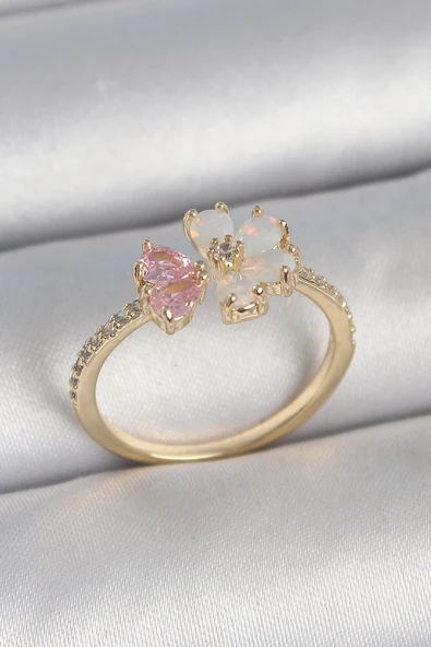 Pirinç Gold Renk Beyaz Mineli Pembe Zirkon Taşlı Çiçek Model Kadın Yüzük - TJ-BYK3709