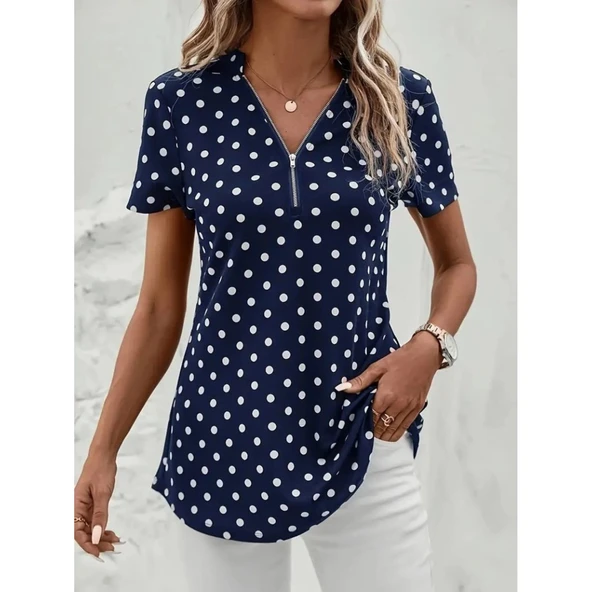 Lucky Life Kadın Kısa Kollu Yakadan Fermuarlı Puantiyeli Uzun Dokuma Viskon Bluz - 5