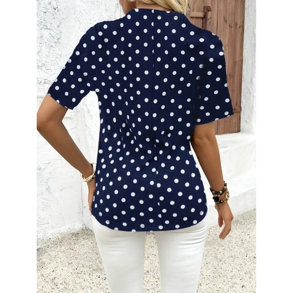 Lucky Life Kadın Kısa Kollu Yakadan Fermuarlı Puantiyeli Uzun Dokuma Viskon Bluz - 6