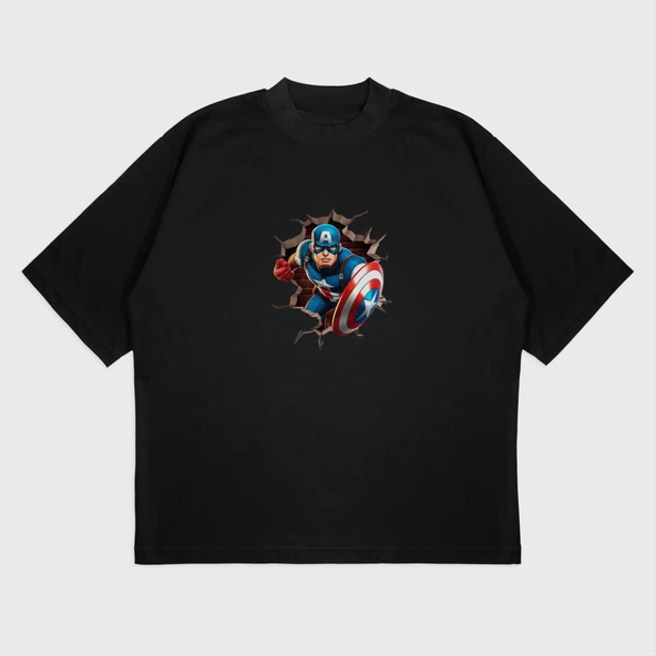 Oversize 'Captain America' Baskılı T-Shırt - 4