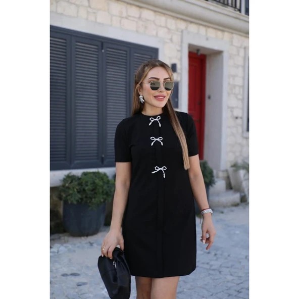 Lucky Life Kadın Kısa Kollu Bisiklet Yaka önden Fiyonk Detaylı Ithal Krep Elbise - 2