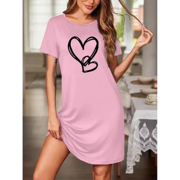 Lucky Life Kadın Kısa Kollu Bisiklet Yaka Kalp Desenli Viskon Elbise - Resim 2