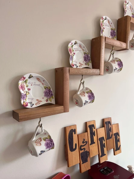 Dekoratif Ahşap Merdiven Raf – Duvar Organizeri | Mutfak & Fincan Askılı Kahve Köşesİ - 2